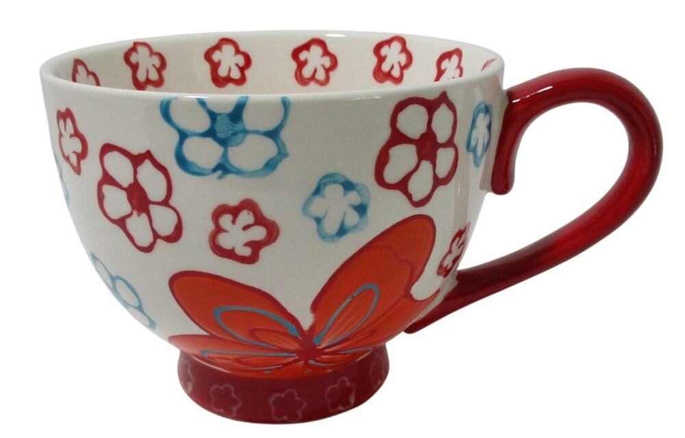 Dutch Wax Ceramic Footed White & Red Floral Coffee / Tea Mug 14OZ